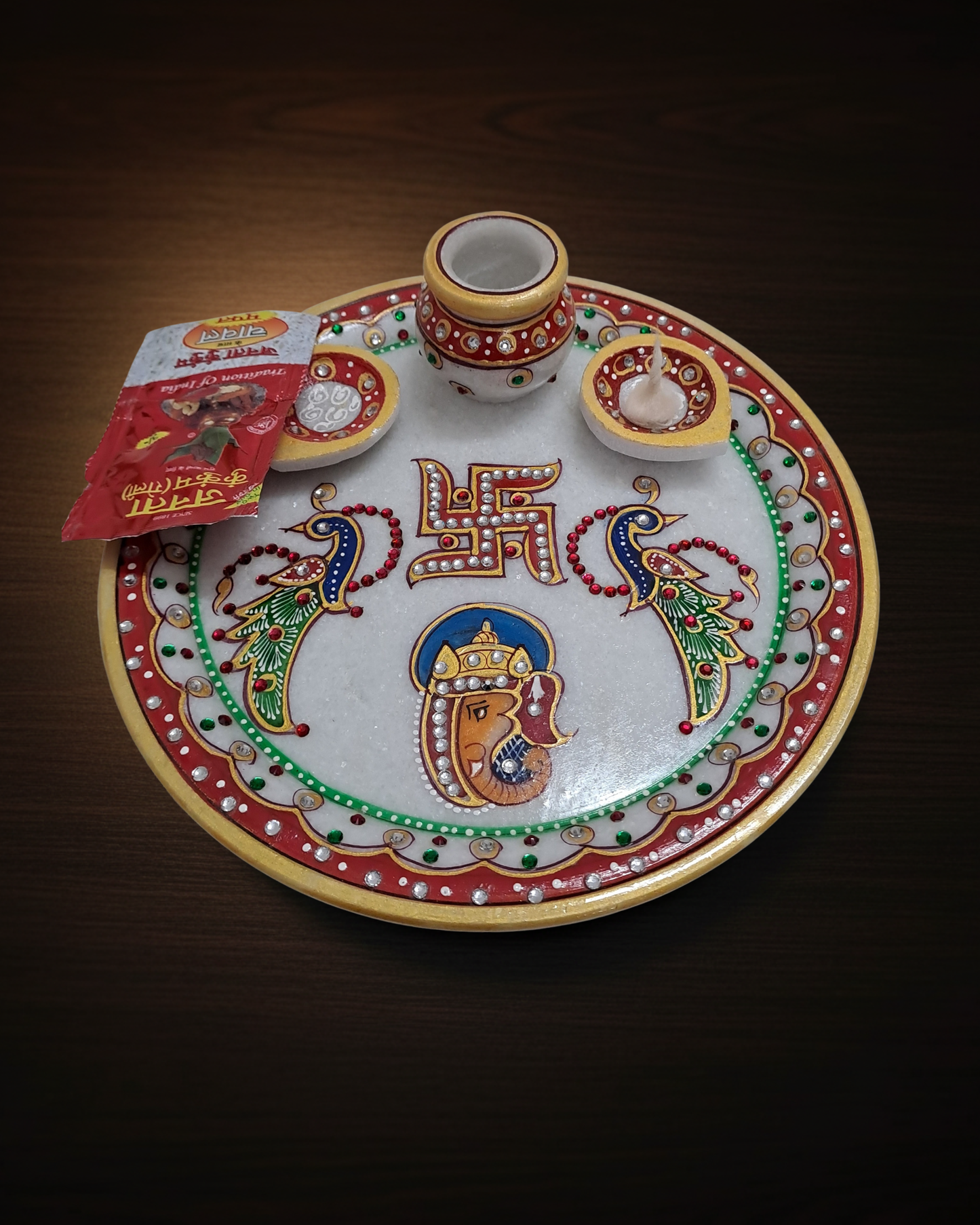 9" Marble Pooja Thali – Ganesha, Peacock & Swastik Motif | Handcrafted Elegance | Rajasthani Duniyaa