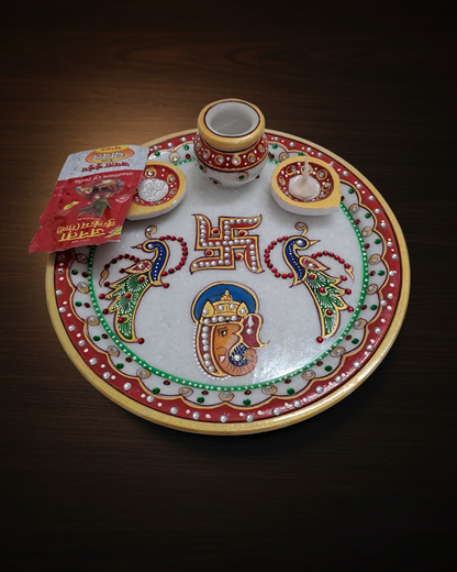 9" Marble Pooja Thali – Ganesha, Peacock & Swastik Motif | Handcrafted Elegance | Rajasthani Duniyaa