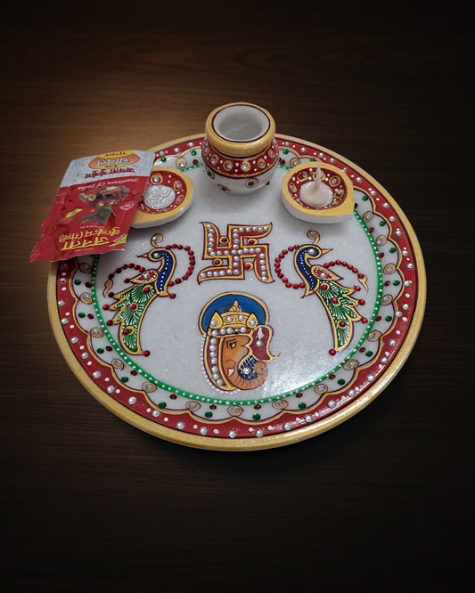 9" Marble Pooja Thali – Ganesha, Peacock & Swastik Motif | Handcrafted Elegance | Rajasthani Duniyaa