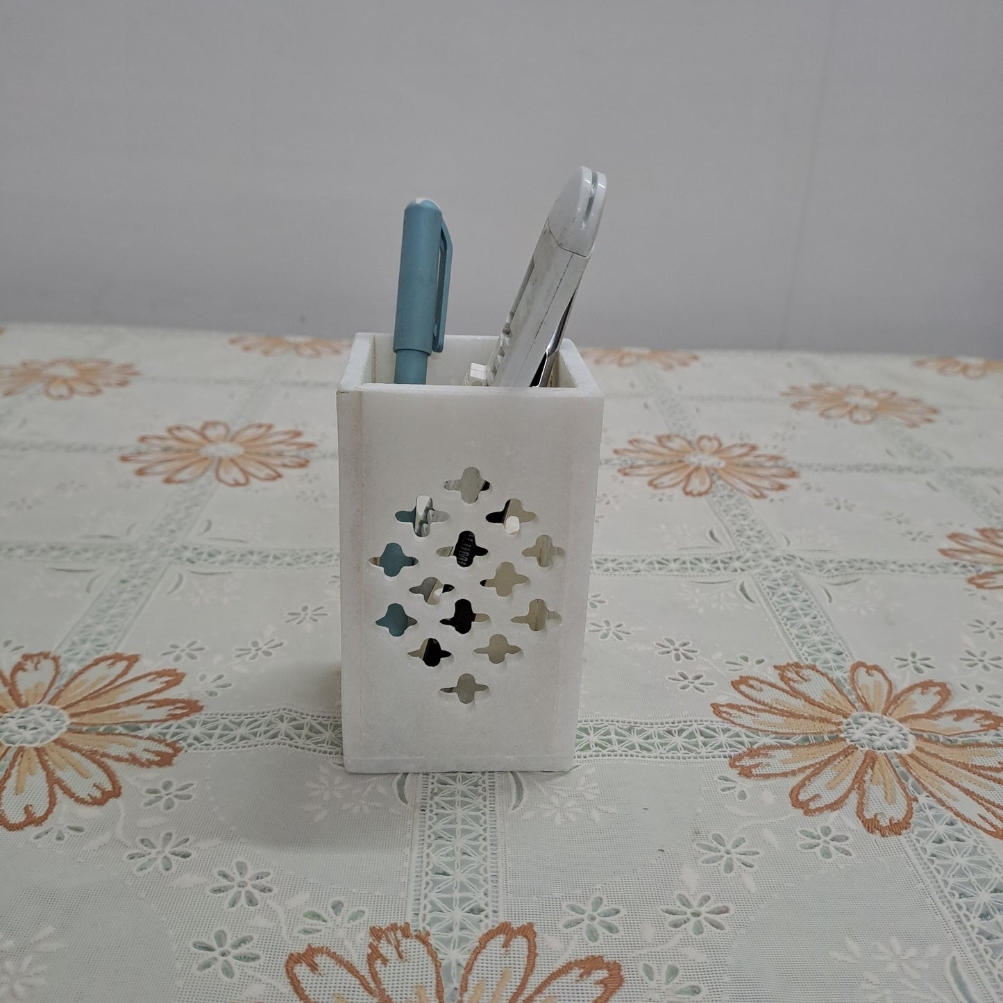 Rajasthani Duniyaa Handcrafted White Marble Pen Stand – Jali Design Desk Organizer
