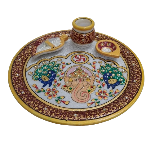 9" Marble Pooja Thali – Handcrafted with Ganesh & Peacock Design | Rajasthani Duniyaa