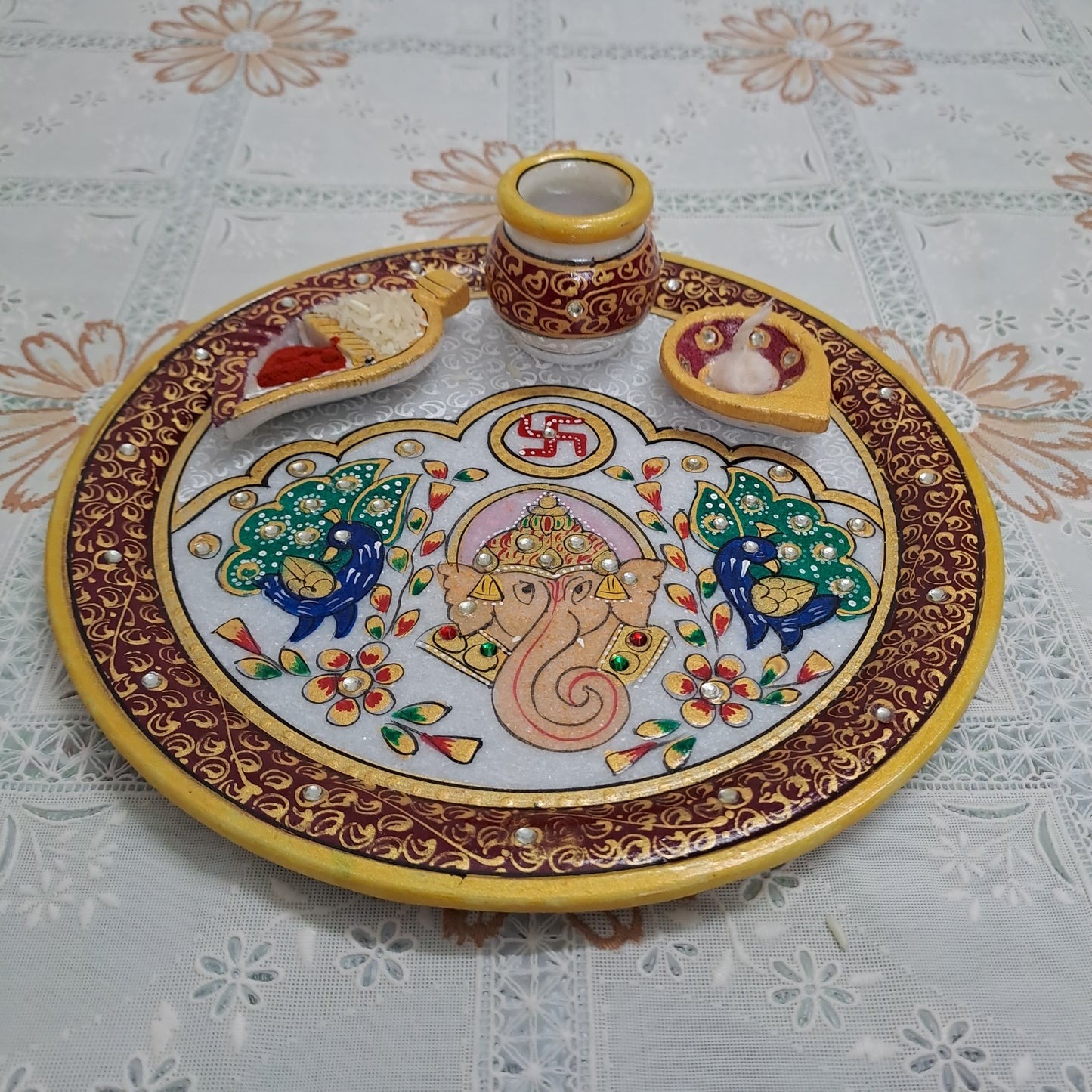 9" Marble Pooja Thali – Handcrafted with Ganesh & Peacock Design | Rajasthani Duniyaa