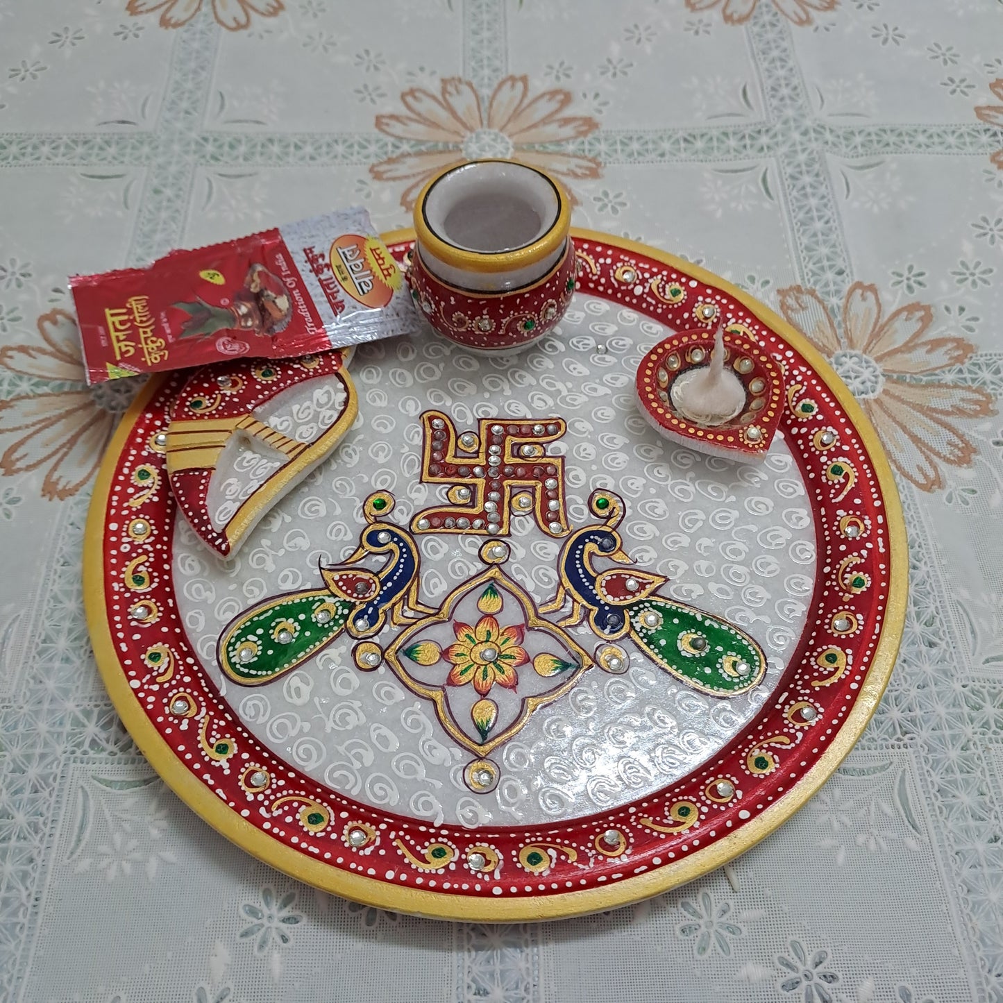 9" Handcrafted Marble Pooja Thali – Red Border with Swastik & Peacock Motif | Rajasthani Duniyaa