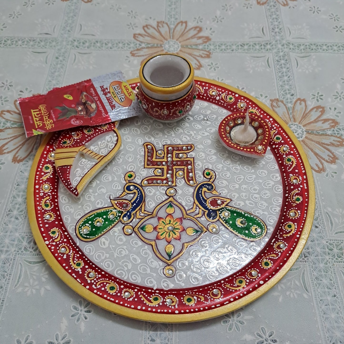 9" Handcrafted Marble Pooja Thali – Red Border with Swastik & Peacock Motif | Rajasthani Duniyaa