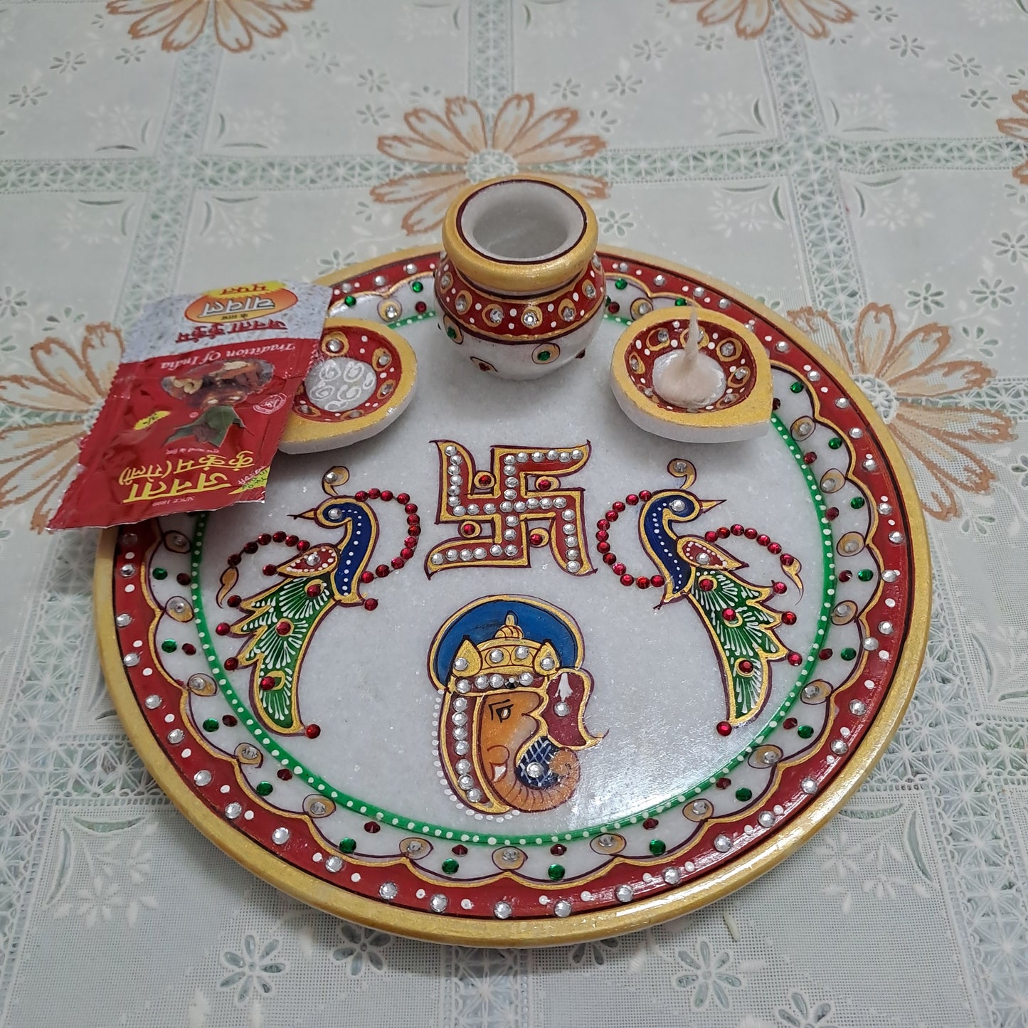 9" Marble Pooja Thali – Ganesha, Peacock & Swastik Motif | Handcrafted Elegance | Rajasthani Duniyaa
