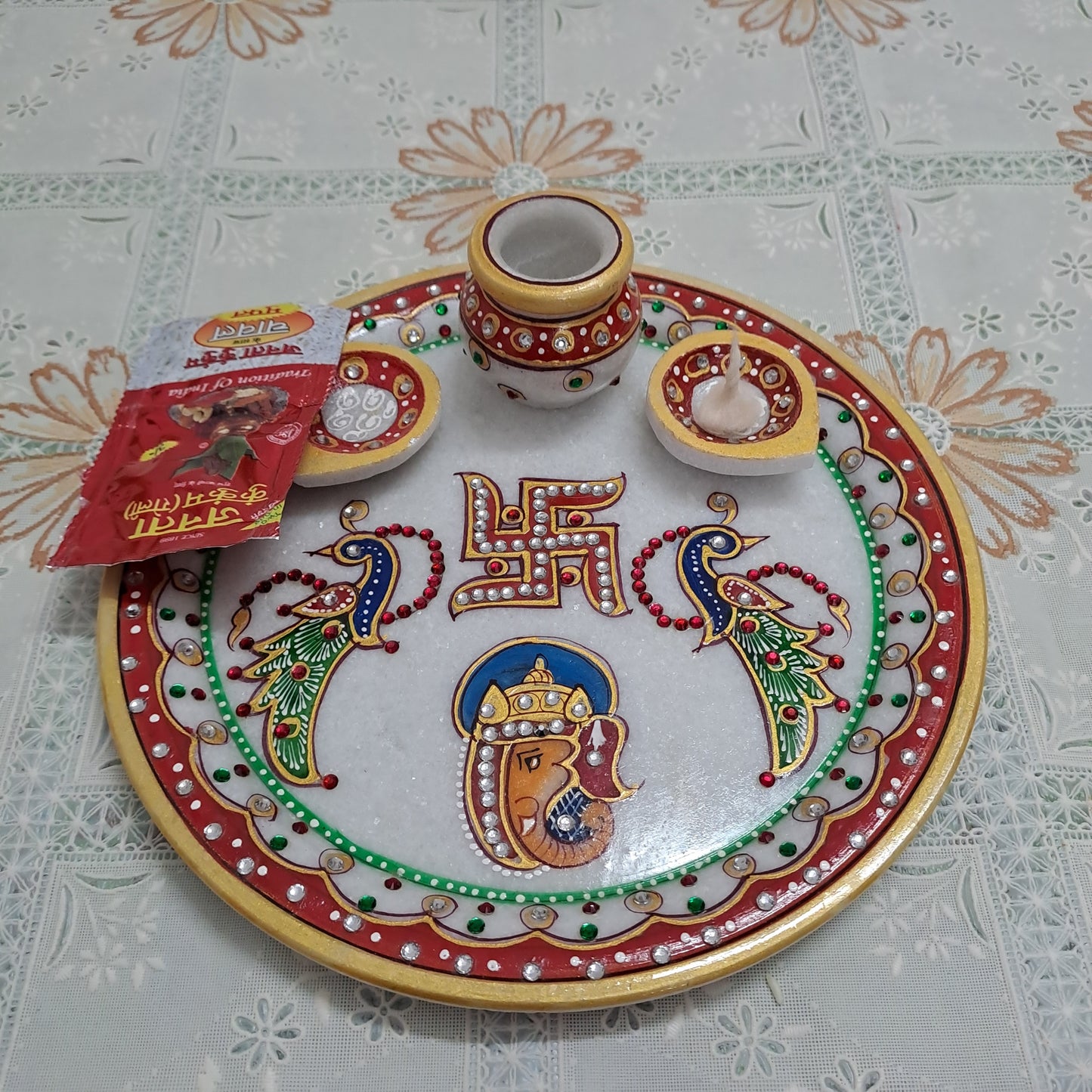 9" Marble Pooja Thali – Ganesha, Peacock & Swastik Motif | Handcrafted Elegance | Rajasthani Duniyaa