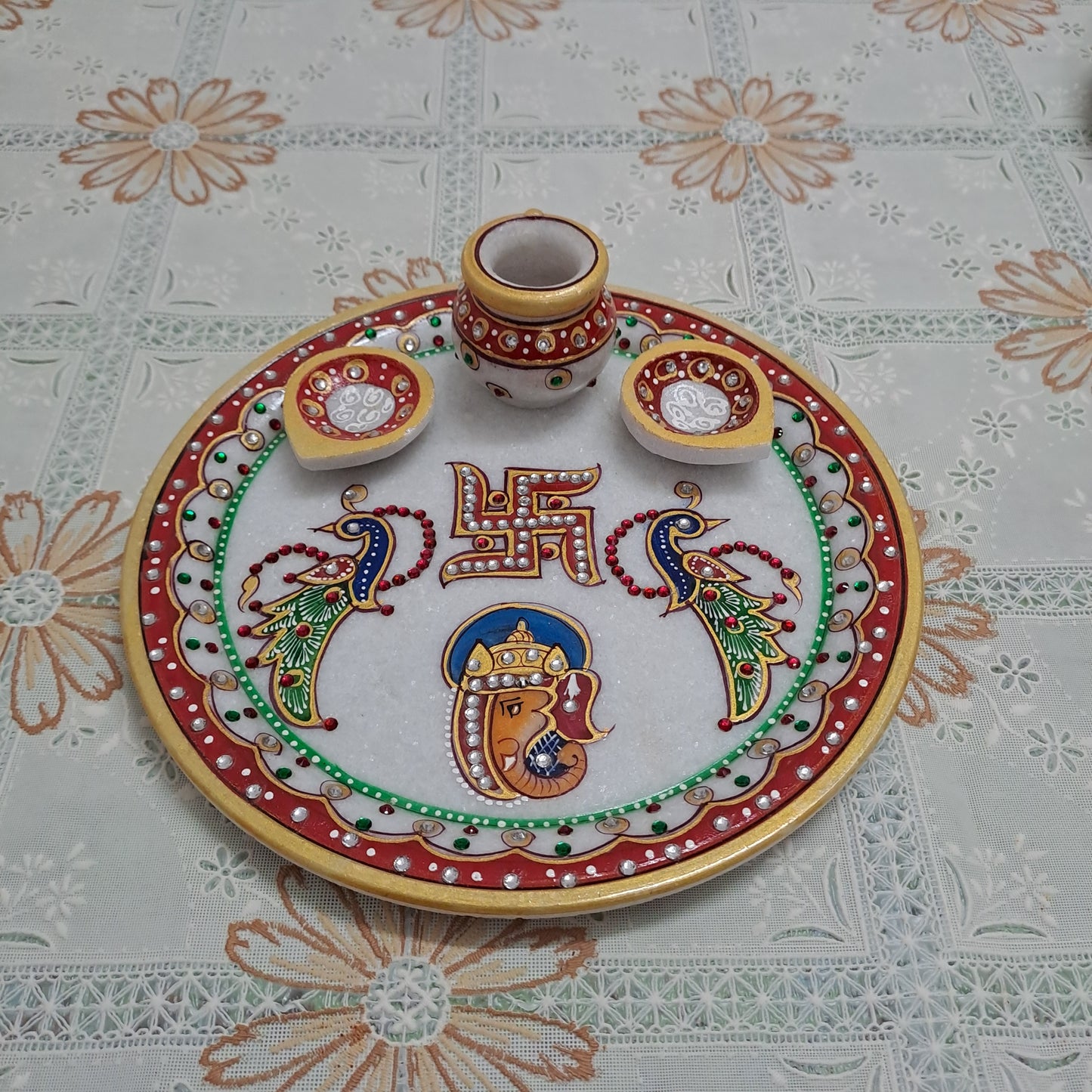 9" Marble Pooja Thali – Ganesha, Peacock & Swastik Motif | Handcrafted Elegance | Rajasthani Duniyaa