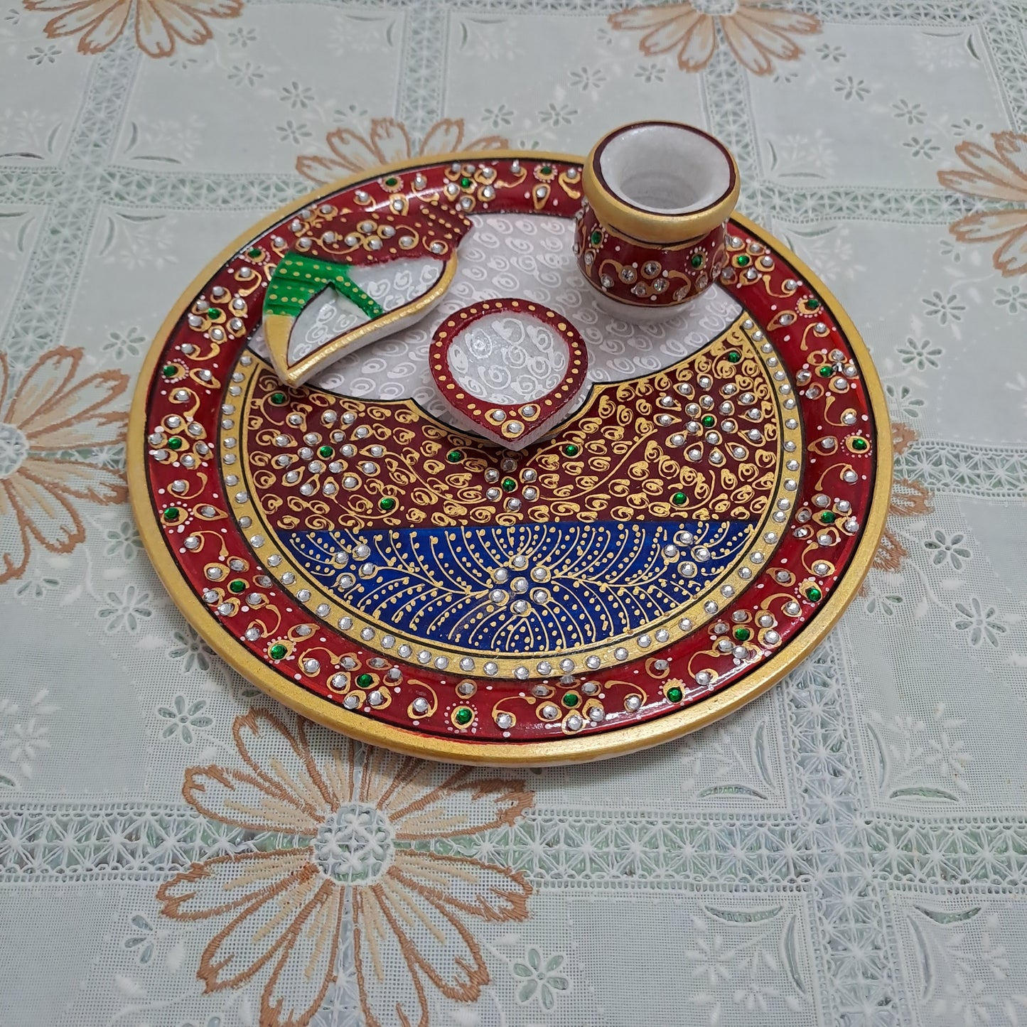 9" Handcrafted Marble Pooja Thali – Royal Mandala Design | Rajasthani Meenakari & Kundan Work
