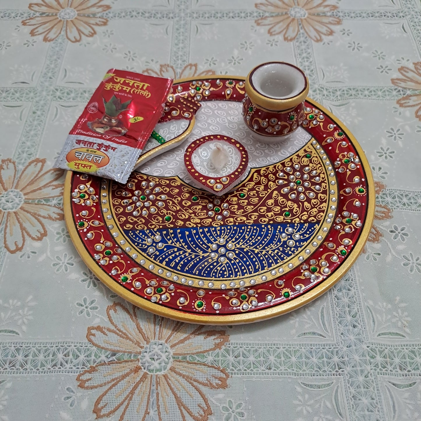 9" Handcrafted Marble Pooja Thali – Royal Mandala Design | Rajasthani Meenakari & Kundan Work