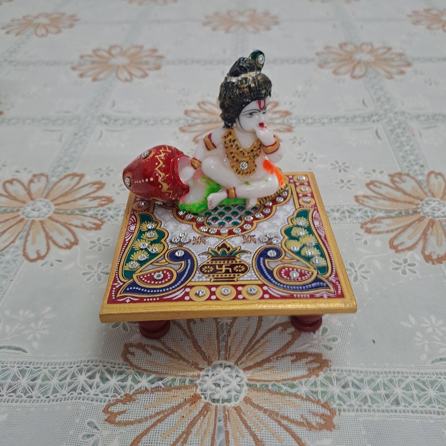 Rajasthani Duniyaa 4x4 Inch Marble Chowki with Resin Bal Gopal Idol – Divine Décor for Home Mandir