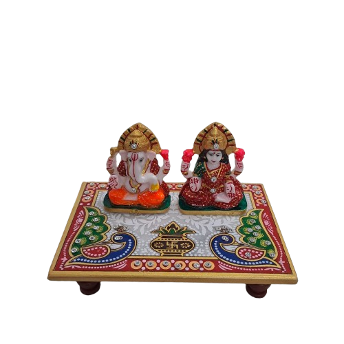 Rajasthani Duniyaa Laxmi Ganesh Resin Murti on 6x4 Inch Marble Chowk