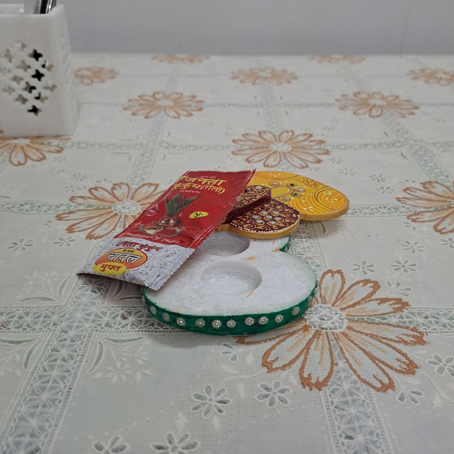 Rajasthani Duniyaa 5-Inch Red & Yellow Marble Ganesha Tilak Chopda