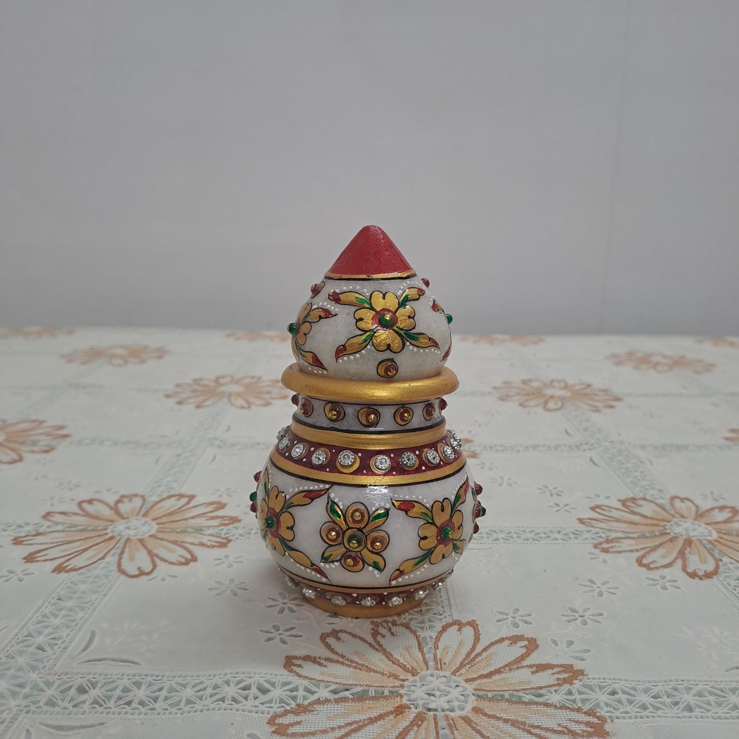 3" Handcrafted Marble Kalash | Meenakari & Kundan Floral Design
