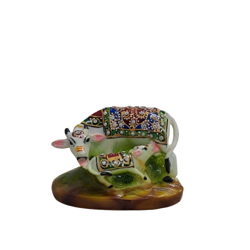 4" White Resin Kamdhenu Cow & Calf Idol with Decorative Carpet | Elegant Pooja Décor