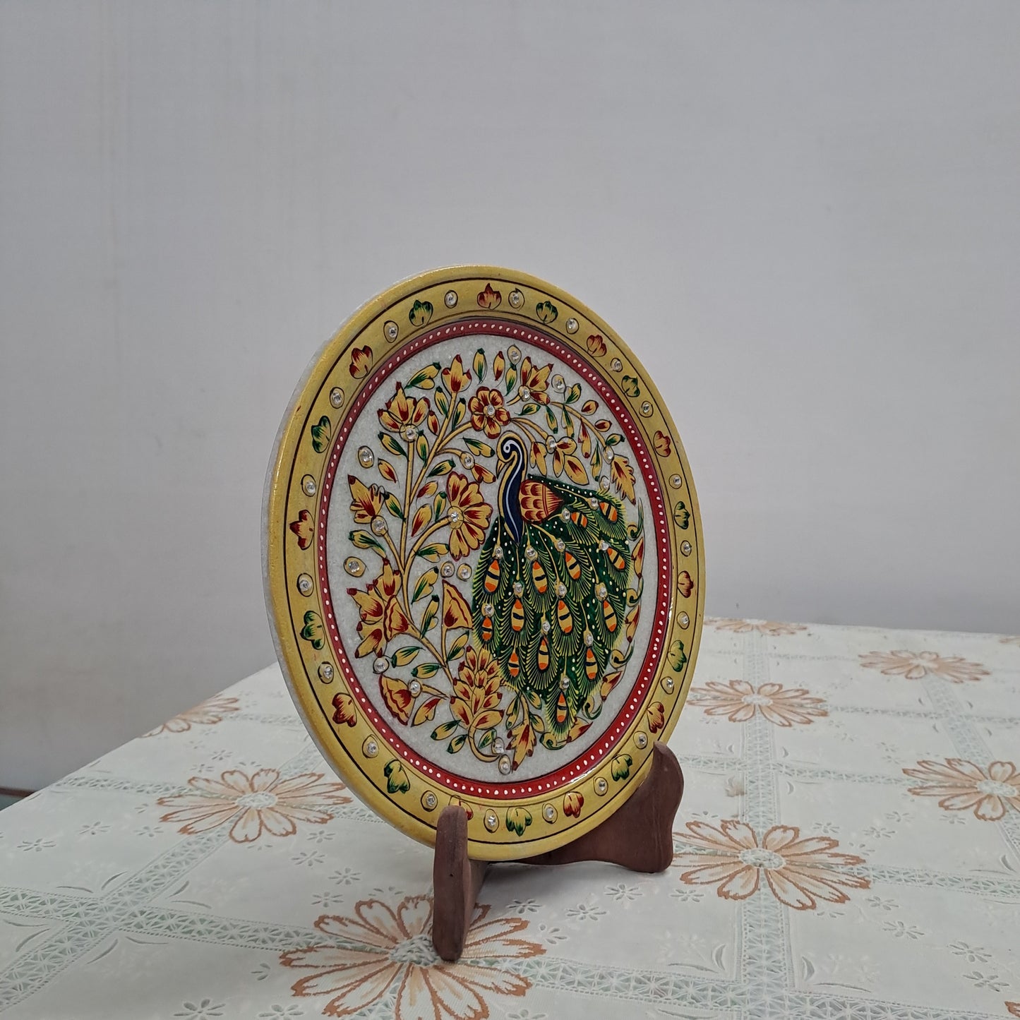 Rajasthani Duniyaa 9-Inch Designer Marble Plate – Classic Peacock Heritage
