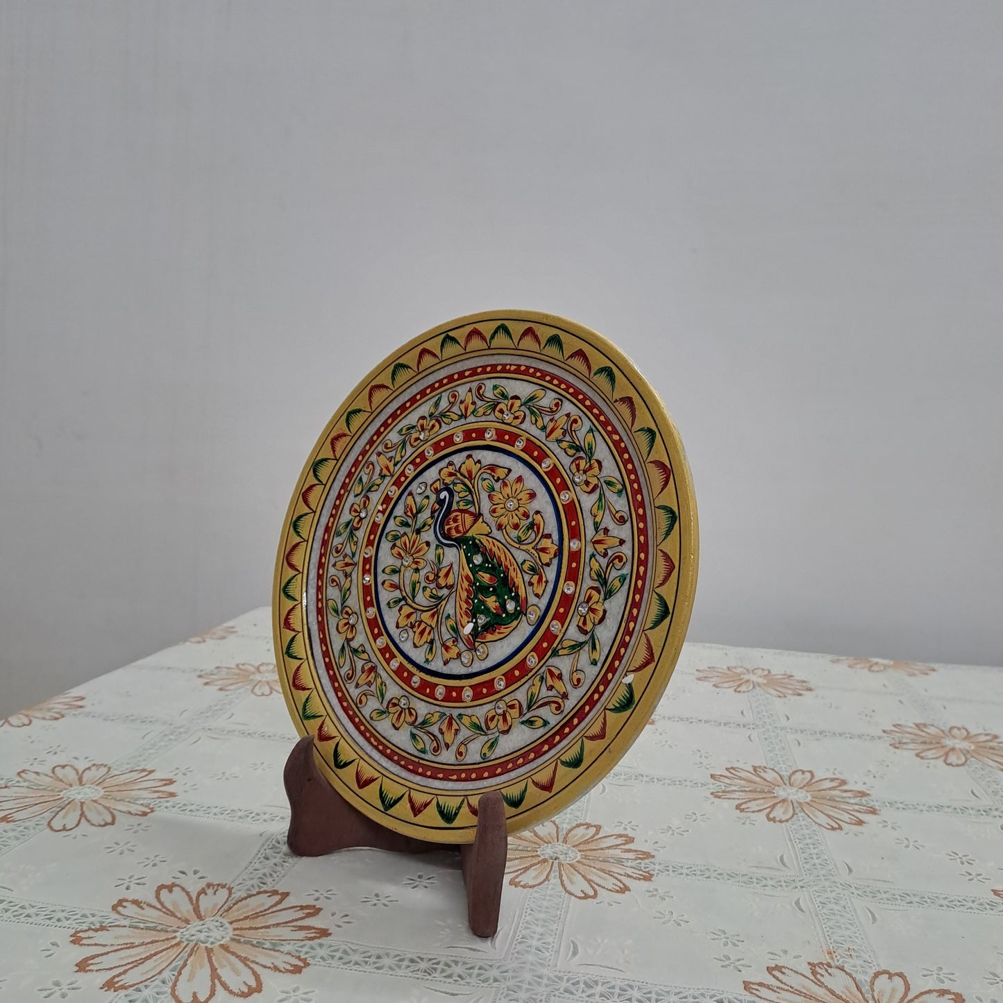Rajasthani Duniyaa 9-Inch Decorative Marble Plate – Vibrant Peacock Medallion