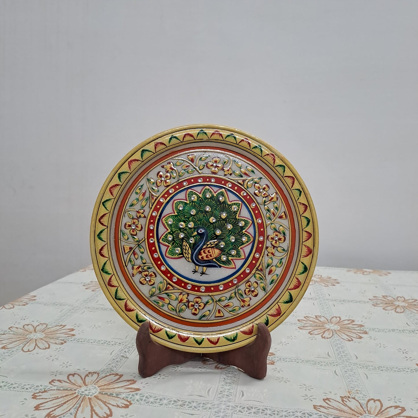Rajasthani Duniyaa 9-Inch Handcrafted Marble Plate – Royal Peacock Glory