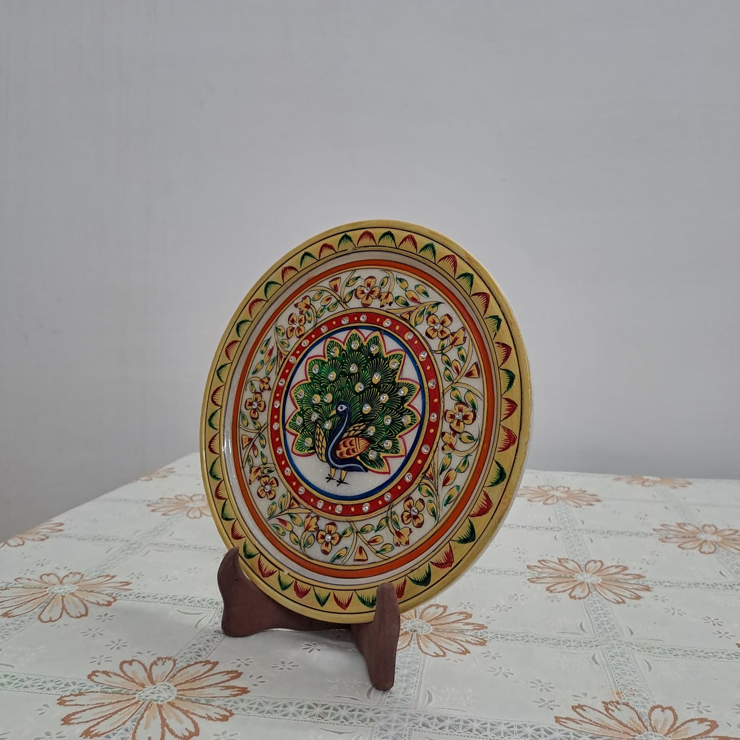 Rajasthani Duniyaa 9-Inch Handcrafted Marble Plate – Royal Peacock Glory