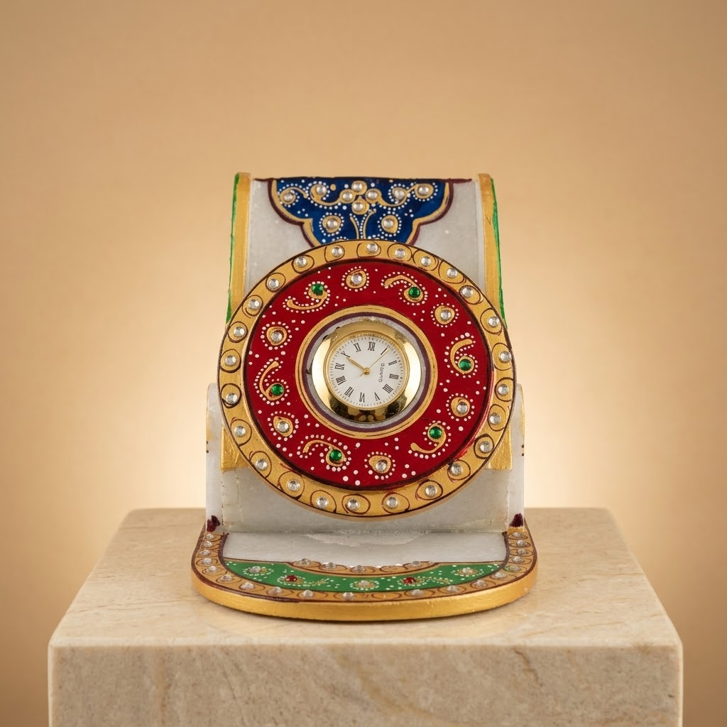 Handcrafted White Marble Smartphone Stand & Desk Organizer (Royal Peacock / Analog Clock)