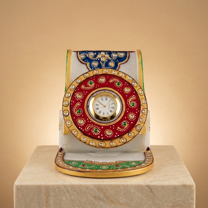Handcrafted White Marble Smartphone Stand & Desk Organizer (Royal Peacock / Analog Clock)