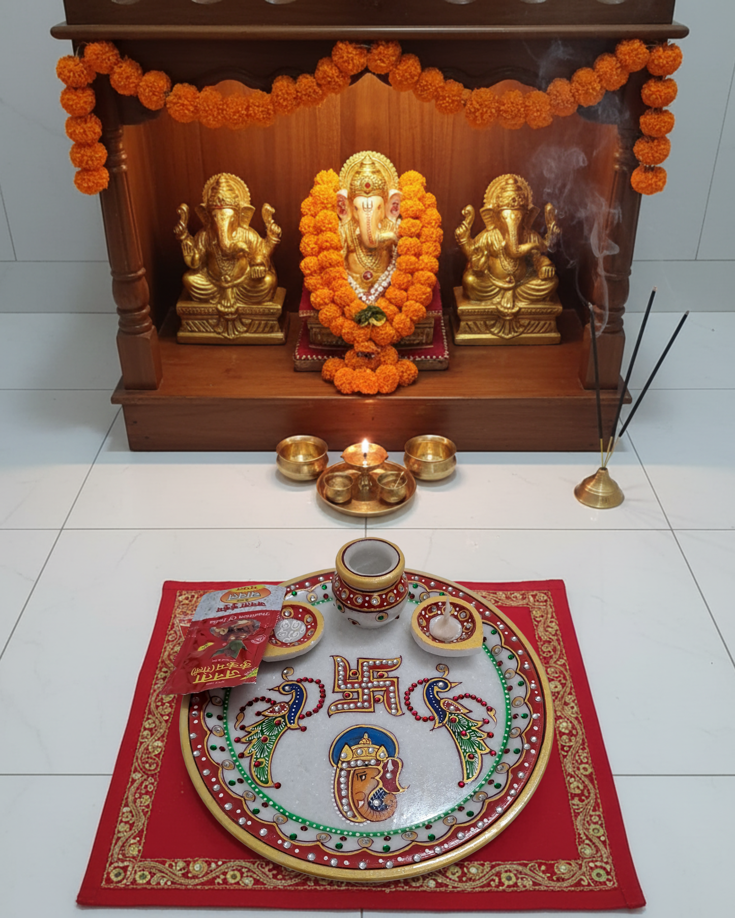 9" Marble Pooja Thali – Ganesha, Peacock & Swastik Motif | Handcrafted Elegance | Rajasthani Duniyaa