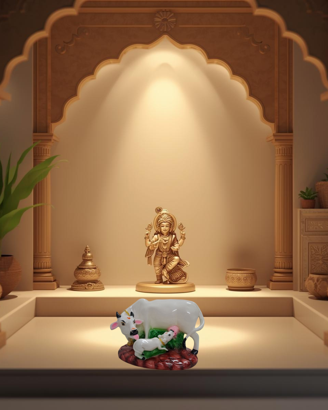 7" White Resin Cow & Calf Idol