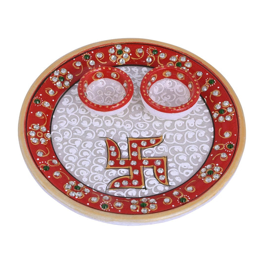 RajasthaniDuniyaa Handmade Decorative Meenakari Pooja Plate – Multicolor Marble Plate with Intricate Floral Design (6 Inches)
