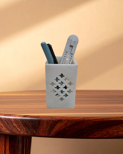 Rajasthani Duniyaa Handcrafted White Marble Pen Stand – Jali Design Desk Organizer