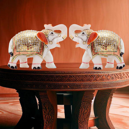Rajasthaniduniyaa Handcrafted White Marble Elephant Pair – Set of 2 | 5 Inch Decorative Showpieces
