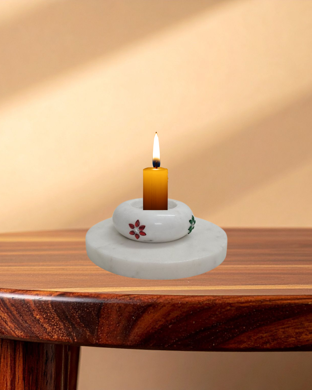 Marble Candle Stand Set | 5" Plate + 3" Dibbi | Gemstone Studded | Handcrafted