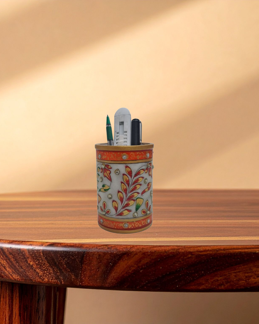 Hand-Painted Marble Pen Stand – Floral Design by Rajasthani Duniyaa