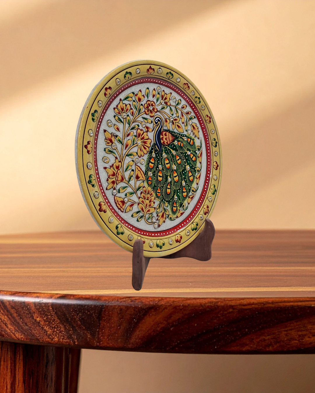 Rajasthani Duniyaa 9-Inch Designer Marble Plate – Classic Peacock Heritage