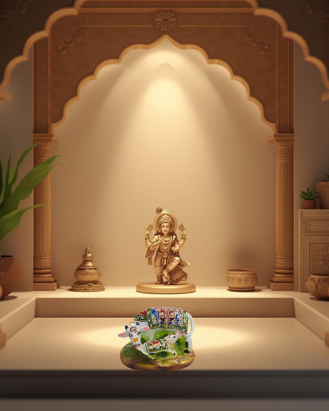 4" White Resin Kamdhenu Cow & Calf Idol with Decorative Carpet | Elegant Pooja Décor