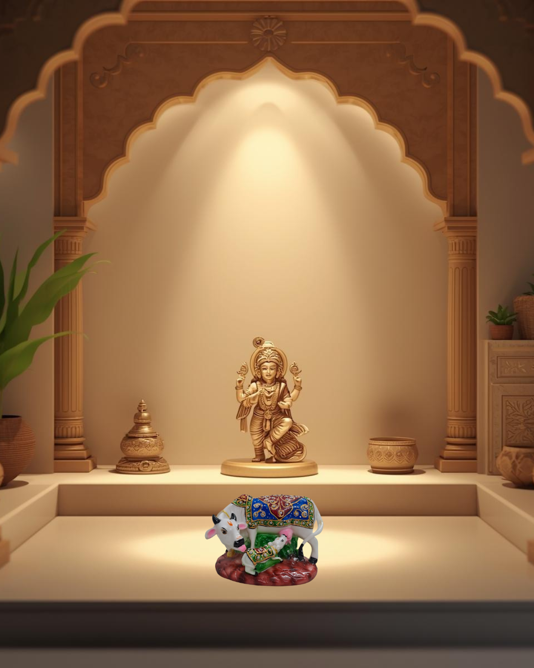 7" White Resin Kamdhenu Cow & Calf Idol with Decorative Carpet | Elegant Pooja Décor