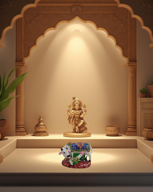 7" White Resin Kamdhenu Cow & Calf Idol with Decorative Carpet | Elegant Pooja Décor