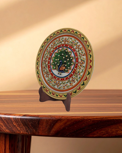 Rajasthani Duniyaa 9-Inch Handcrafted Marble Plate – Royal Peacock Glory