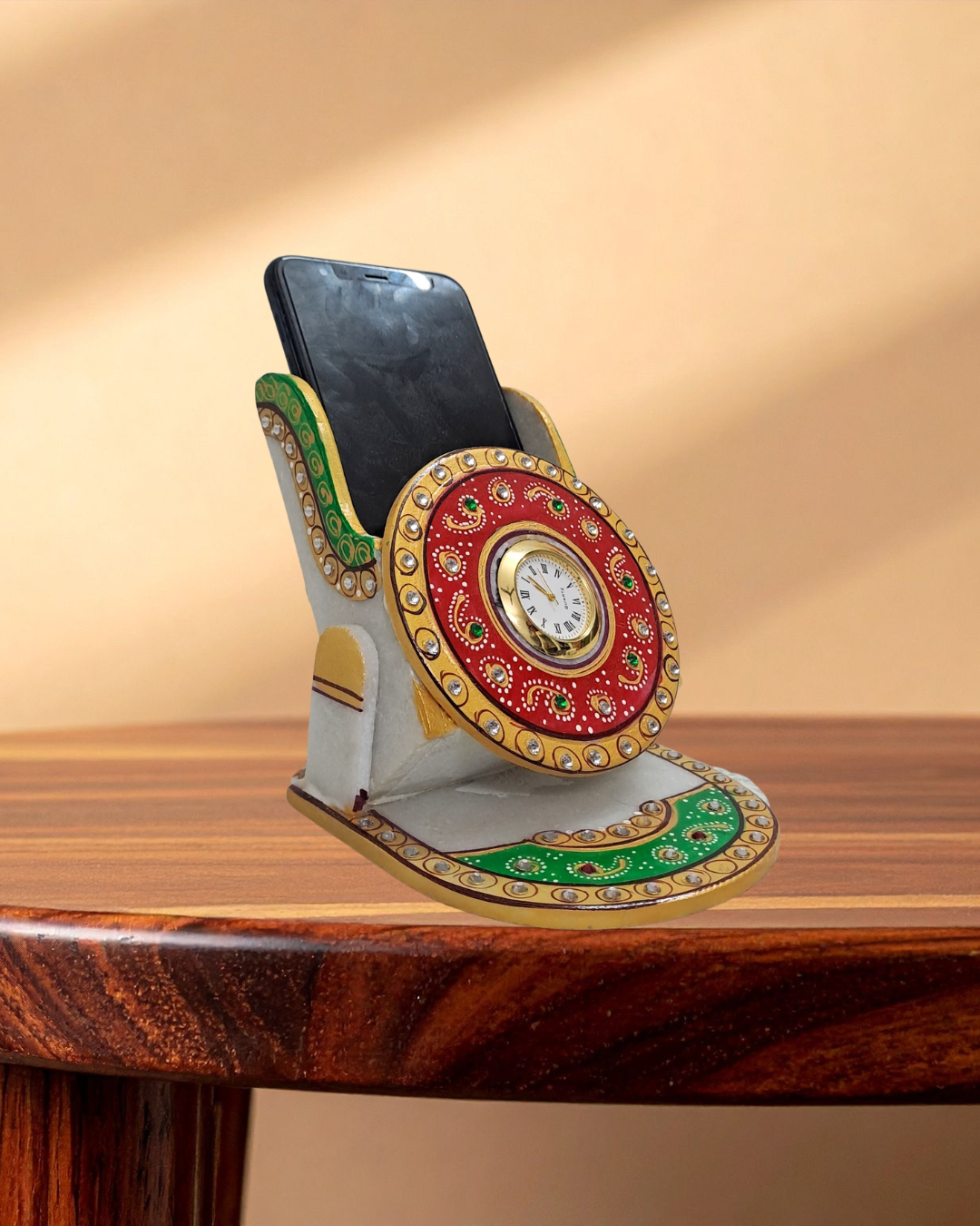 Rajasthani Duniyaa Handcrafted Marble Mobile Stand with Analog Clock