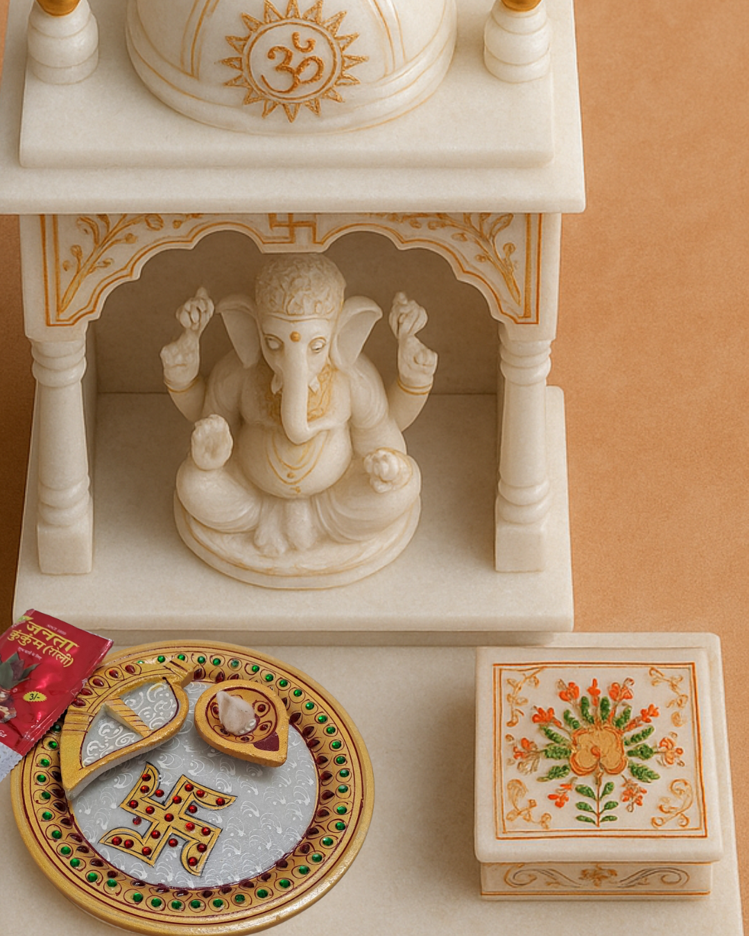 6" Handcrafted Marble Pooja Plate | Swastik Design with Meenakari & Kundan Work