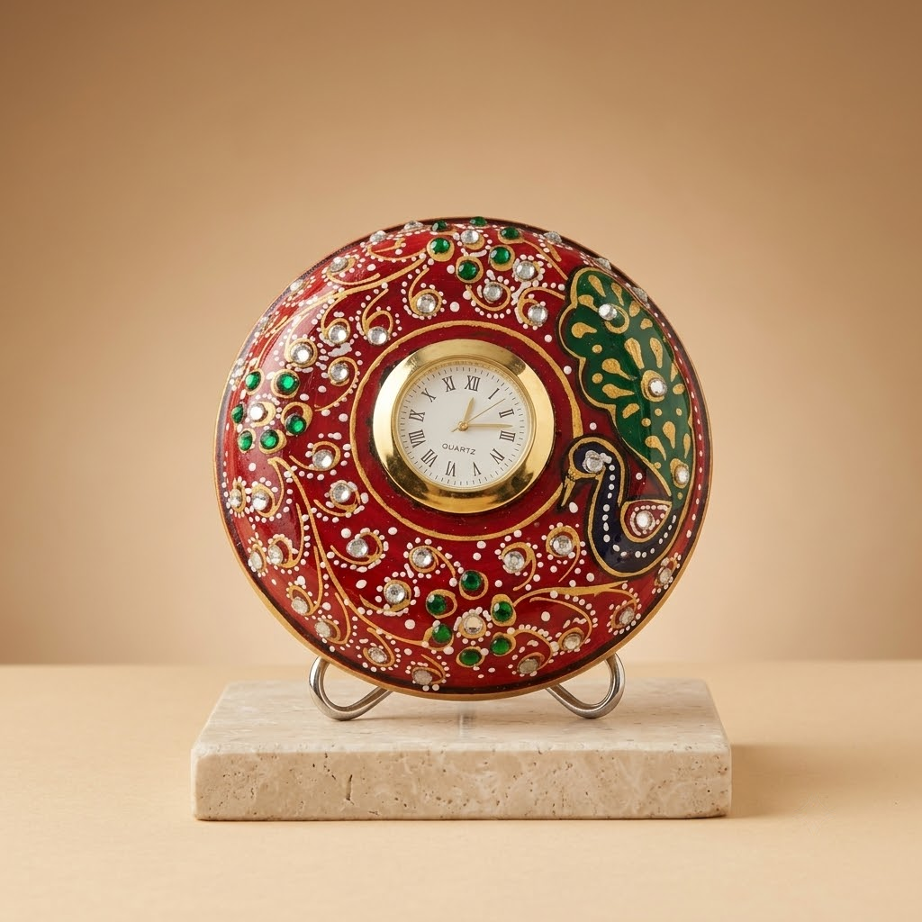 The Royal Chakra Mini Table Clock: Handcrafted Natural White Marble Disk Timepiece with Dual-Pin Easel Support & Embossed Gold Foil Meenakari Work