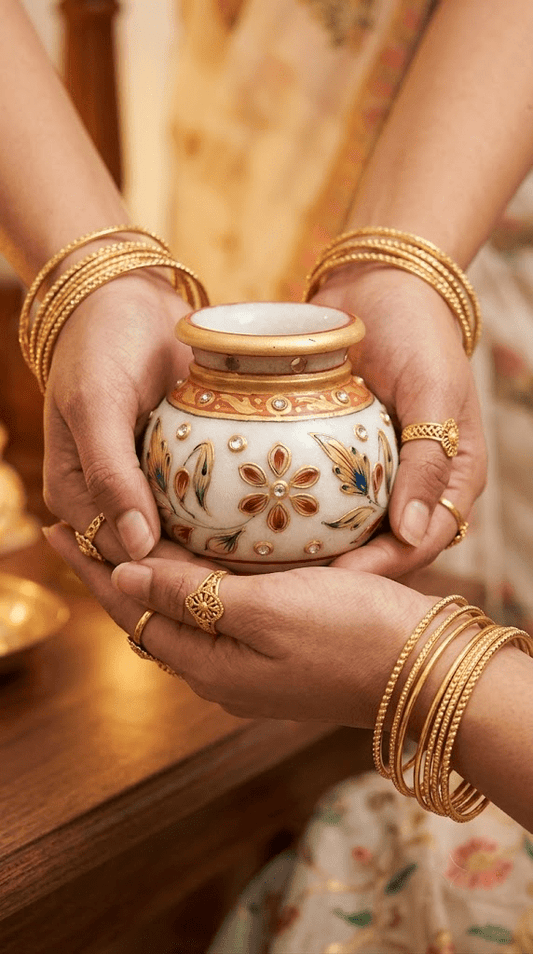 3" Handcrafted MarHandcrafted Pure White Marble Kalash with Coconut Nariyal (3", 4", 5") – Traditional Rajasthani Meenakari & Kundan Work Mangal Kalash for Mandir Pooja - Rajasthaniduniyaa
