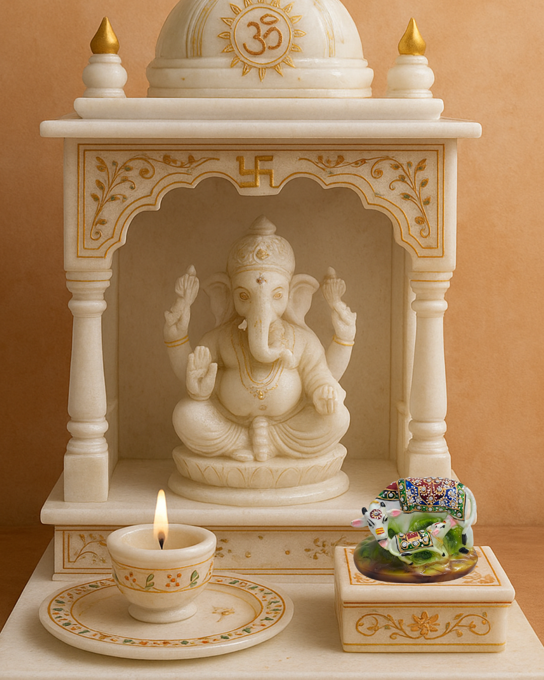 4" White Resin Kamdhenu Cow & Calf Idol with Decorative Carpet | Elegant Pooja Décor