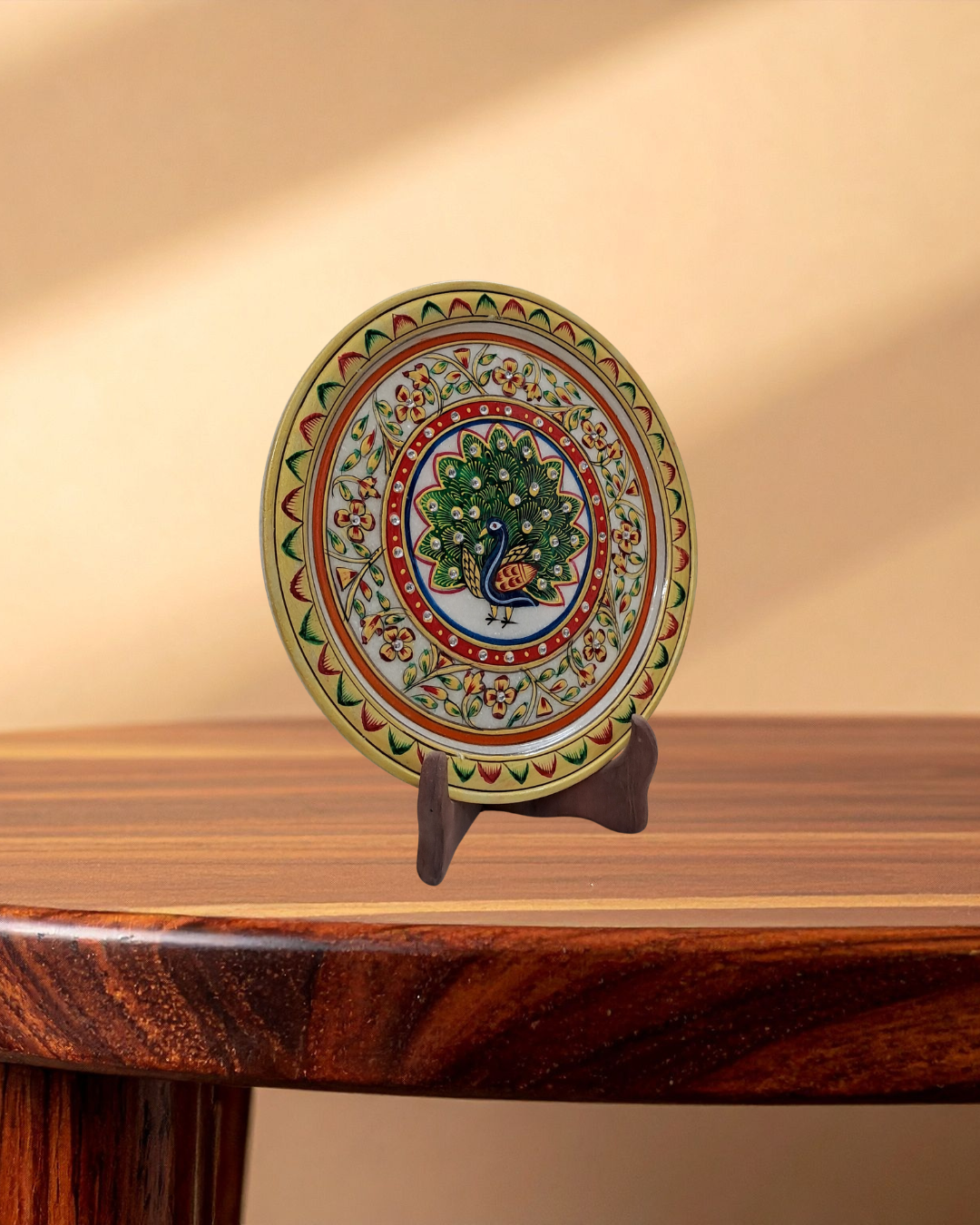 Rajasthani Duniyaa 9-Inch Handcrafted Marble Plate – Royal Peacock Glory
