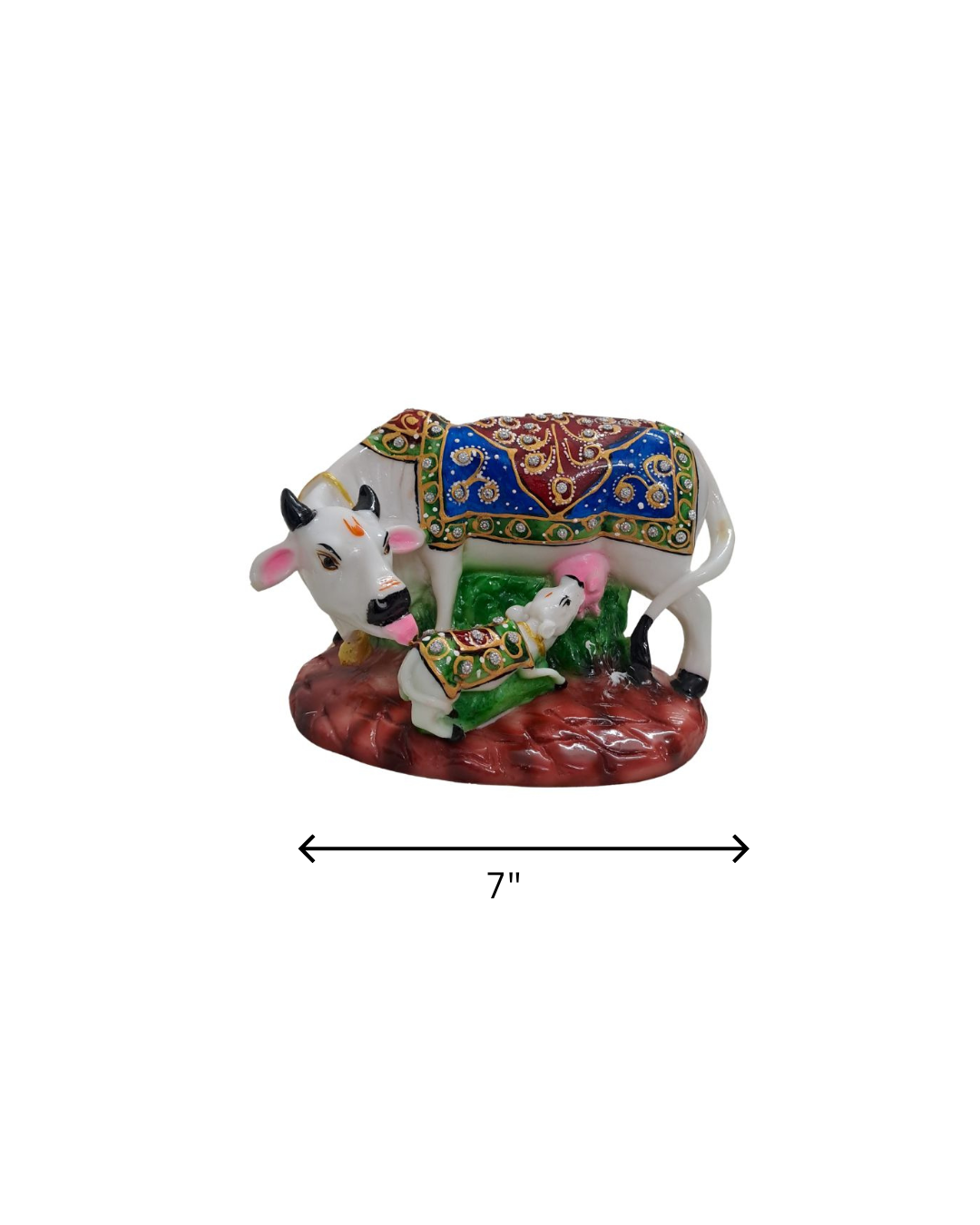 7" White Resin Kamdhenu Cow & Calf Idol with Decorative Carpet | Elegant Pooja Décor