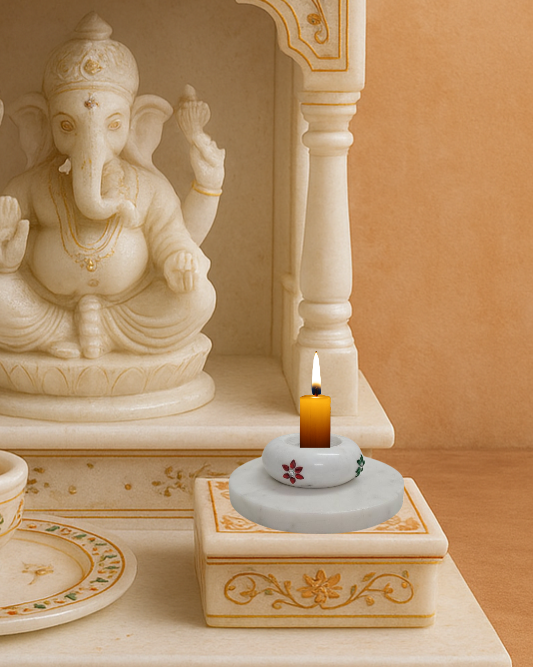 Marble Candle Stand Set | 5" Plate + 3" Dibbi | Gemstone Studded | Handcrafted