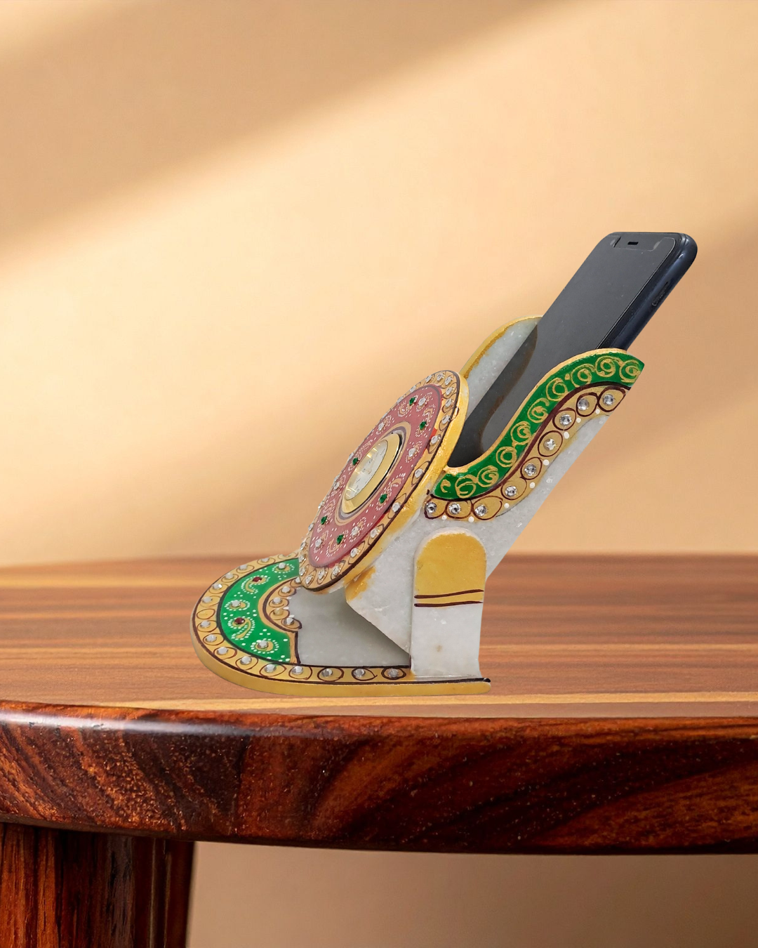 Rajasthani Duniyaa Handcrafted Marble Mobile Stand with Analog Clock