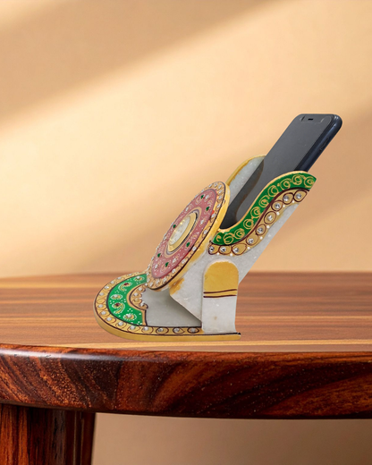 Rajasthani Duniyaa Handcrafted Marble Mobile Stand with Analog Clock