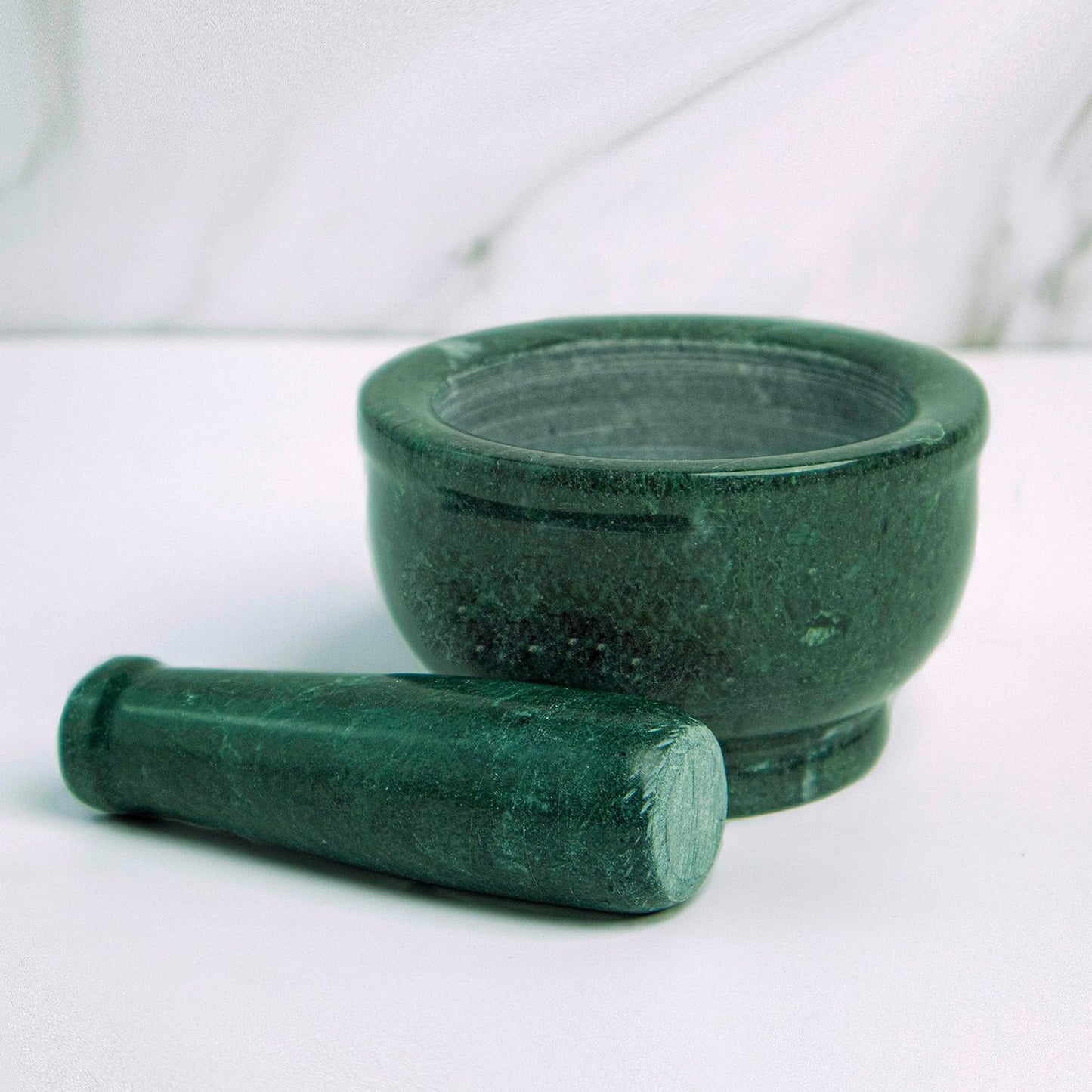 "Rajasthaniduniyaa Traditional Green Marble Mortar & Pestle Set (5-Inch Diameter, 3-Inch Height) – Handcrafted Makrana Marble | Kitchen Grinding & Ayurvedic Use"