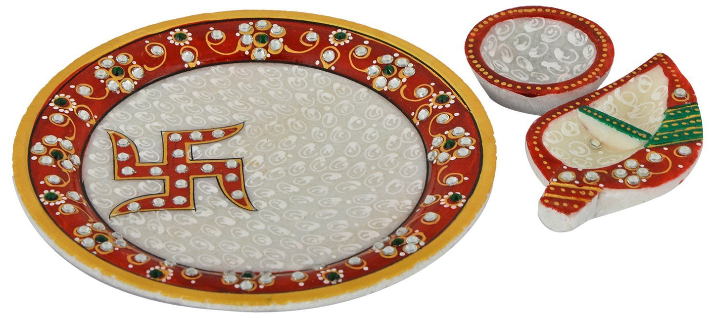 RajasthaniDuniyaa Handmade Jaipur Meenakari Marble Pooja Thali Set – 6-Inch Round Multicolor Plate with Intricate Kundan & Gold Leaf Work