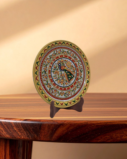 Rajasthani Duniyaa 9-Inch Decorative Marble Plate – Vibrant Peacock Medallion