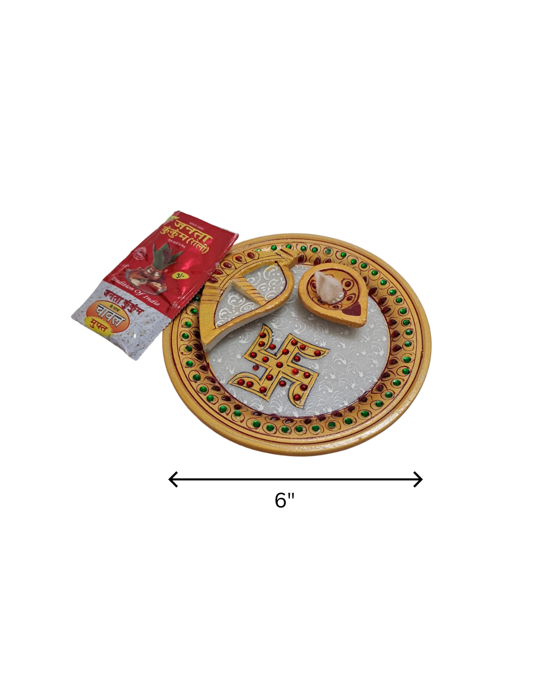 6" Handcrafted Marble Pooja Plate | Swastik Design with Meenakari & Kundan Work